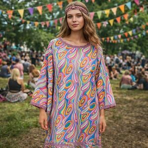 Vintage 60s Psychedelic Mod Shift Dress Talon Zip Rhinestone Hippie L-XL Flowy